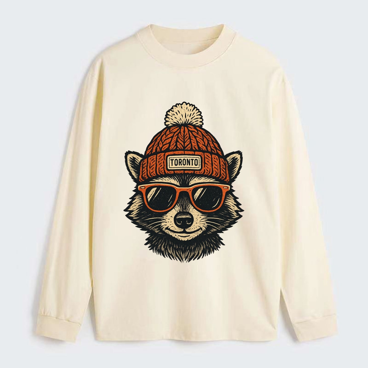 Toronto Raccoon wearing Toronto beanie with pom pom and wayfarer - Classic Long Sleeve Shirt - Beige