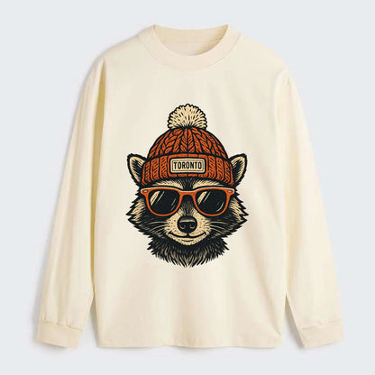Toronto Raccoon wearing Toronto beanie with pom pom and wayfarer - Classic Long Sleeve Shirt - Beige