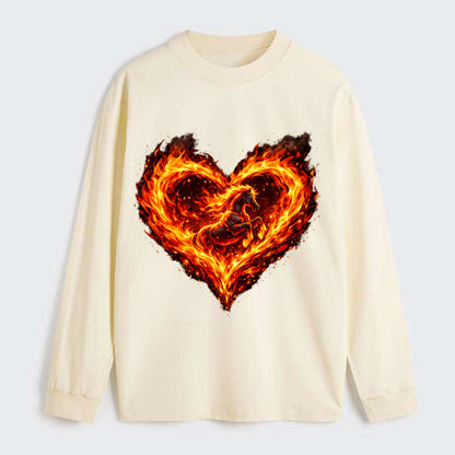 HEART OF FIRE | Flaming heart with horse silhouette inside | Passion - Classic Long Sleeve Shirt - Beige