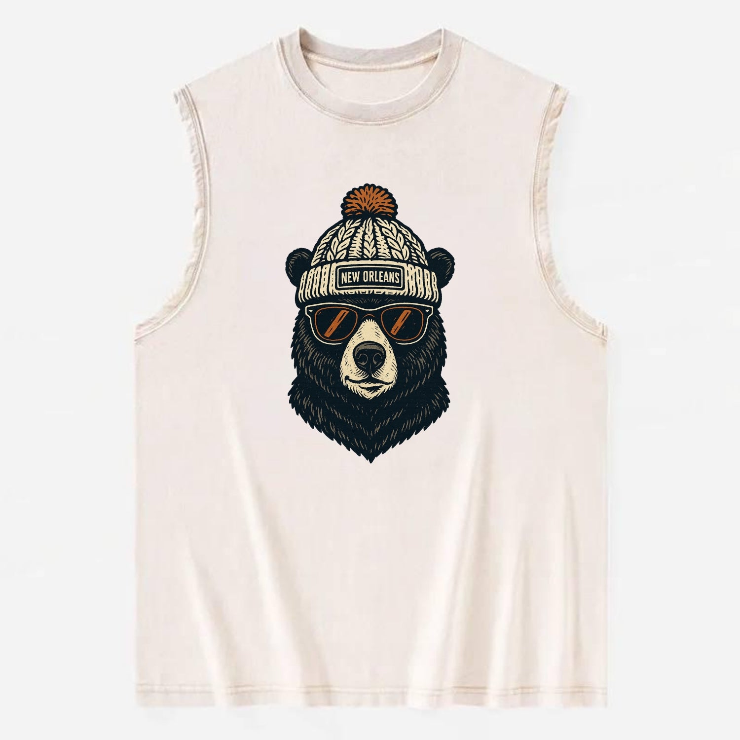 Louisiana Black Bear wearing New Orleans beanie with pom pom and wayfarer - Vintage Washed Tank - Beige