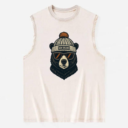 Louisiana Black Bear wearing New Orleans beanie with pom pom and wayfarer - Vintage Washed Tank - Beige