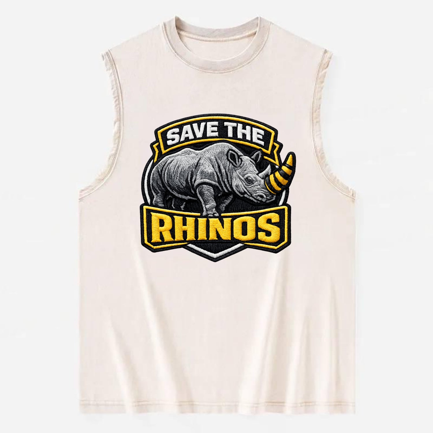 SAVE THE RHINOS - rhino silhouette in gray , horn protection - Vintage Washed Tank - Beige