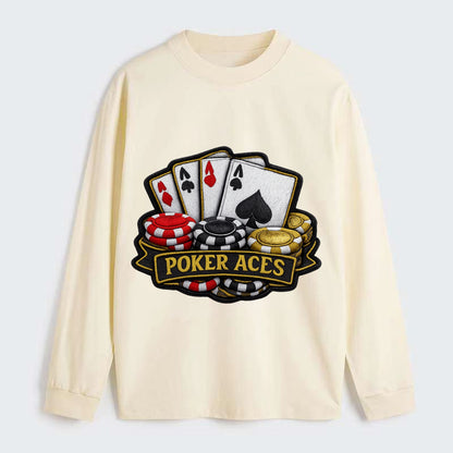 Embroidered patch design - POKER ACES - four aces with chips in red, - Classic Long Sleeve Shirt - Beige