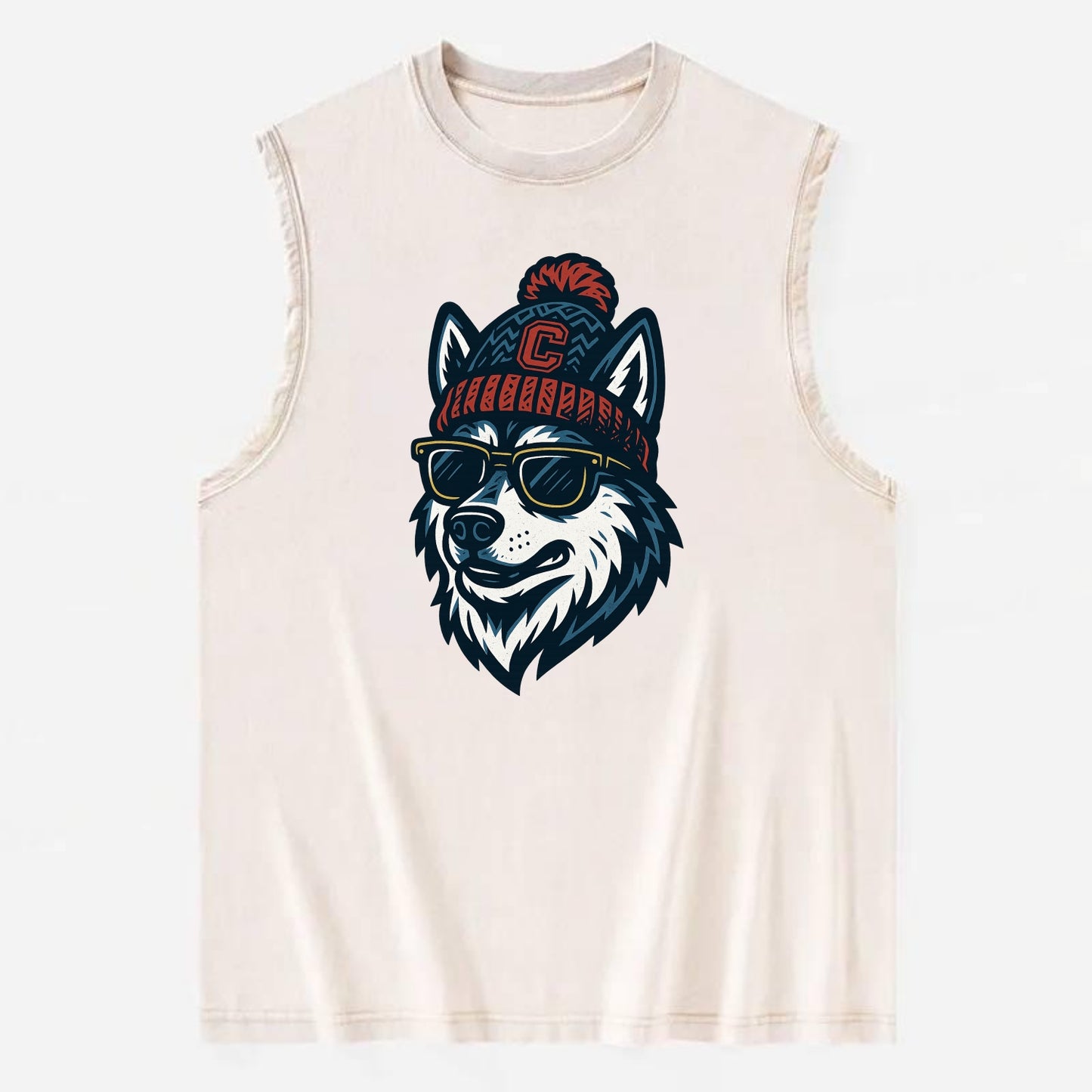 Storrs Husky wearing UConn beanie with C patch - Vintage Washed Tank - Beige