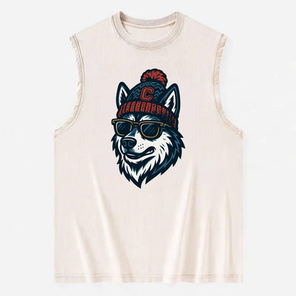 Storrs Husky wearing UConn beanie with C patch - Vintage Washed Tank - Beige