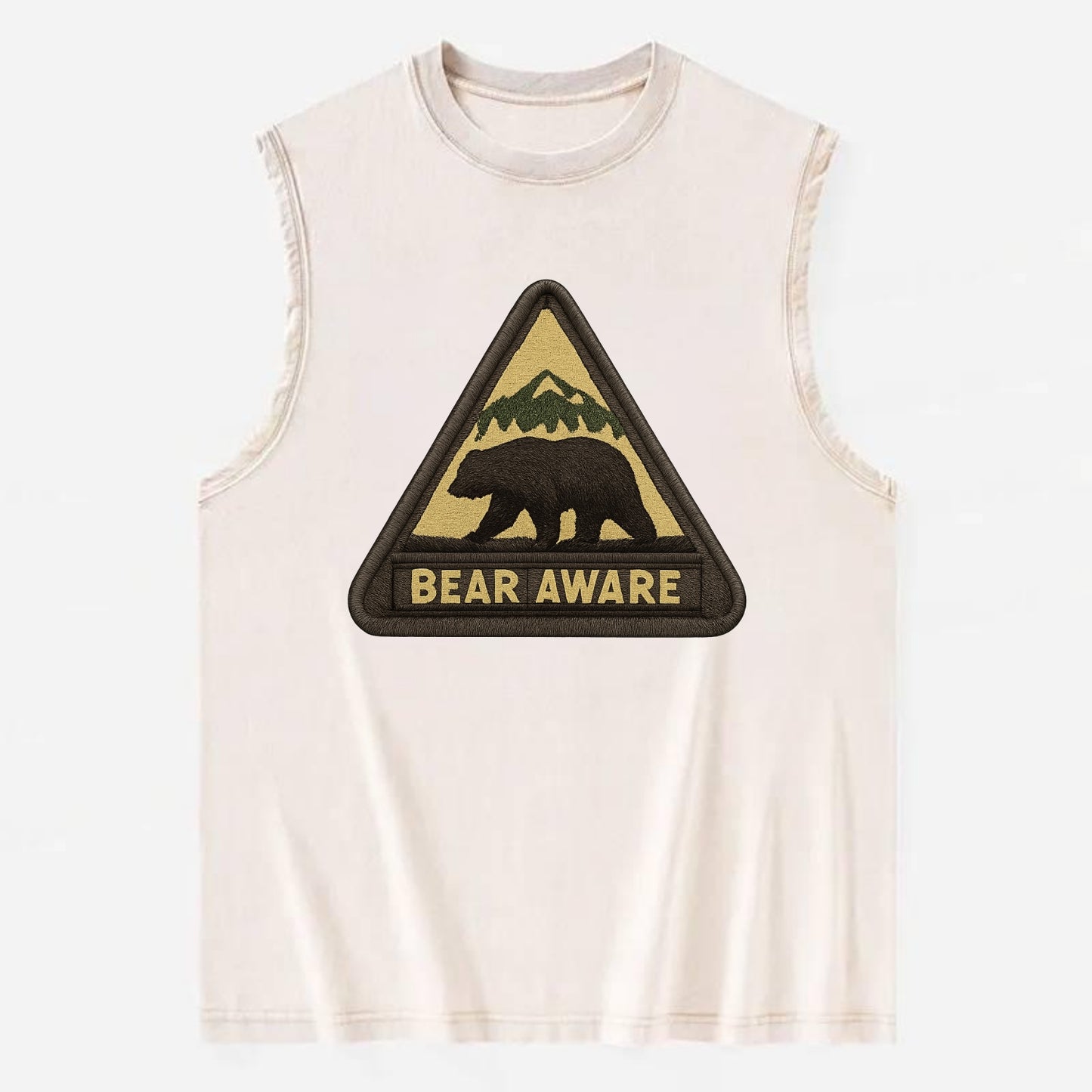 BEAR AWARE - bear silhouette warning in brown and yellow , wilderness safety - Vintage Washed Tank - Beige
