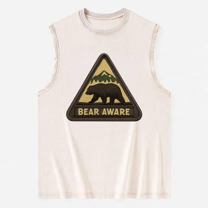 BEAR AWARE - bear silhouette warning in brown and yellow , wilderness safety - Vintage Washed Tank - Beige