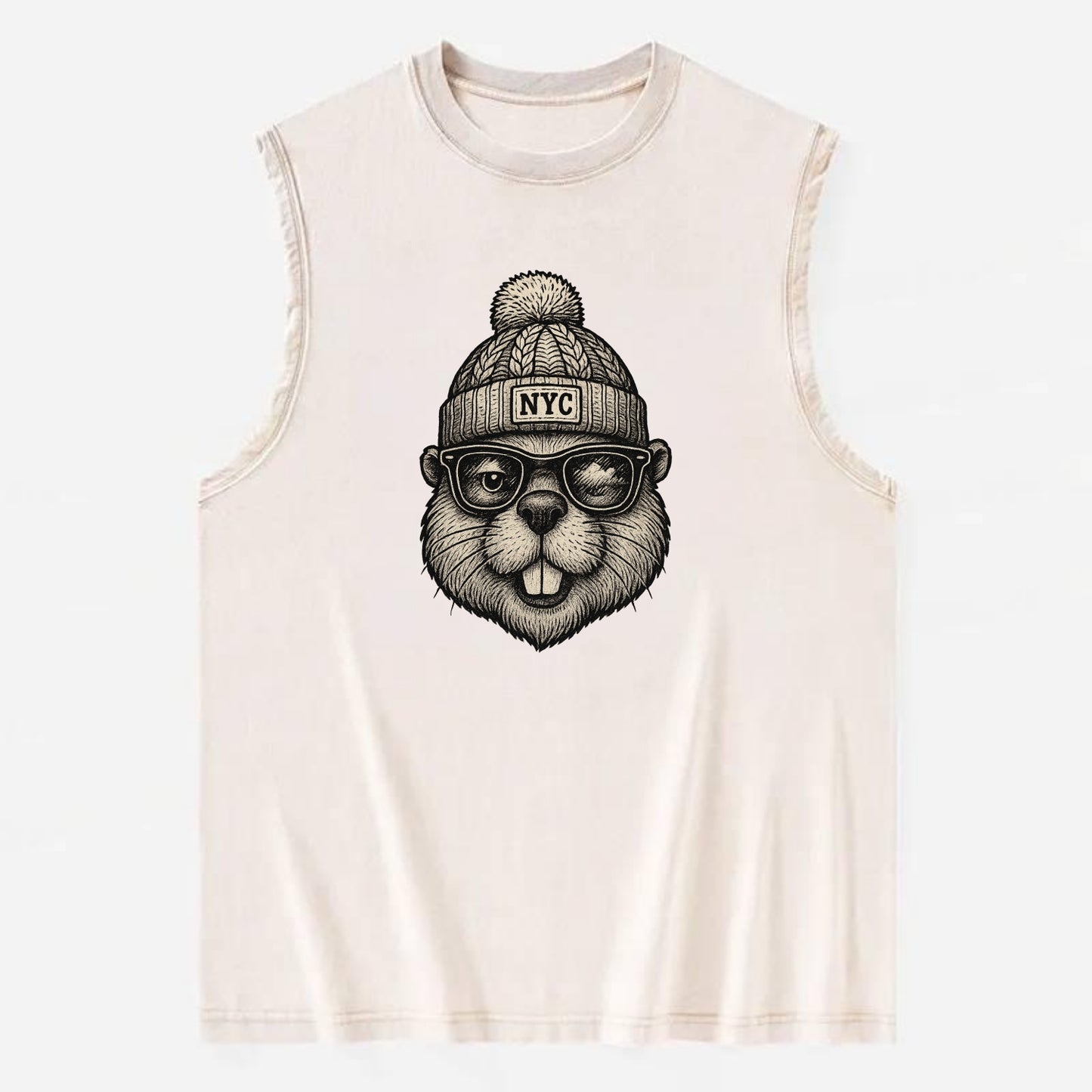 New York Beaver wearing NYC beanie with pom pom and wayfarer sunglasses - Vintage Washed Tank - Beige