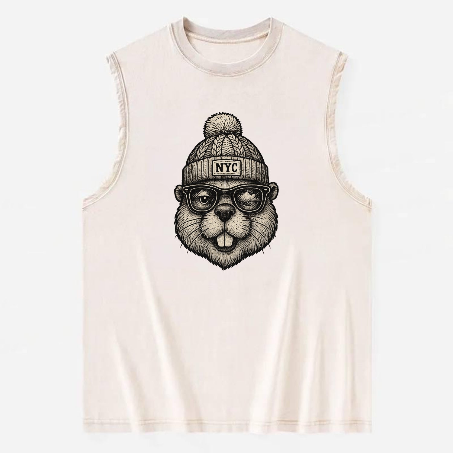 New York Beaver wearing NYC beanie with pom pom and wayfarer sunglasses - Vintage Washed Tank - Beige