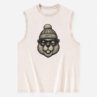 New York Beaver wearing NYC beanie with pom pom and wayfarer sunglasses - Vintage Washed Tank - Beige