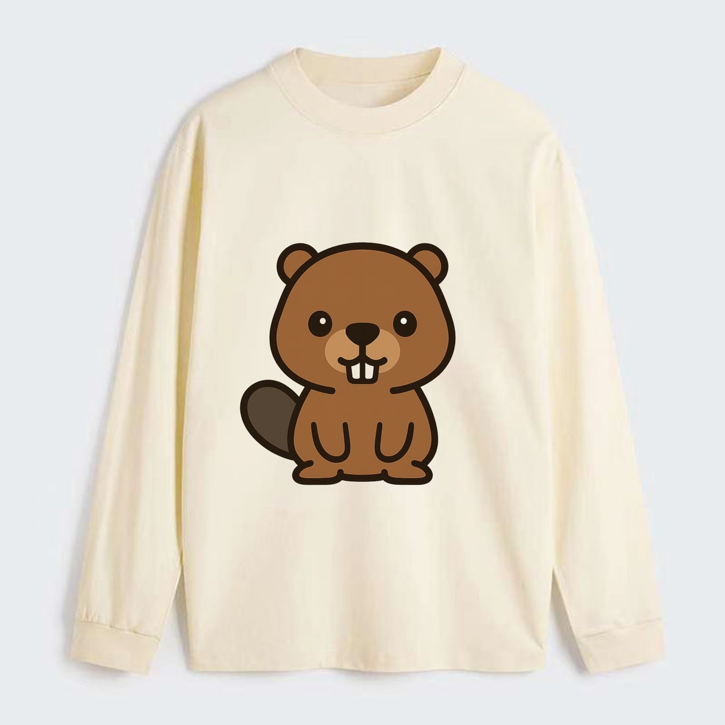 Baby Beaver - brown fur, paddle tail, buck teeth, friendly eyes, - Classic Long Sleeve Shirt - Beige