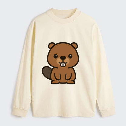 Baby Beaver - brown fur, paddle tail, buck teeth, friendly eyes, - Classic Long Sleeve Shirt - Beige