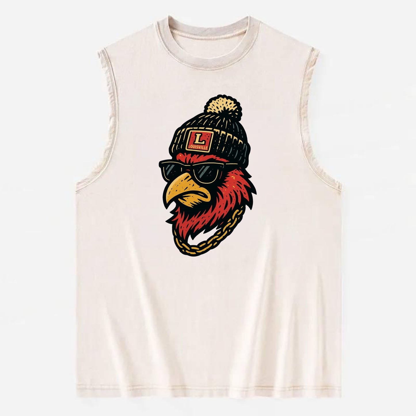 Louisville Cardinal wearing Louisville beanie with L patch - Vintage Washed Tank - Beige