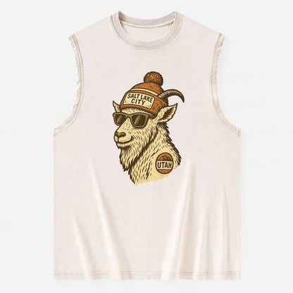 Utah Mountain Goat wearing Salt Lake City beanie with pom pom and wayfarer - Vintage Washed Tank - Beige