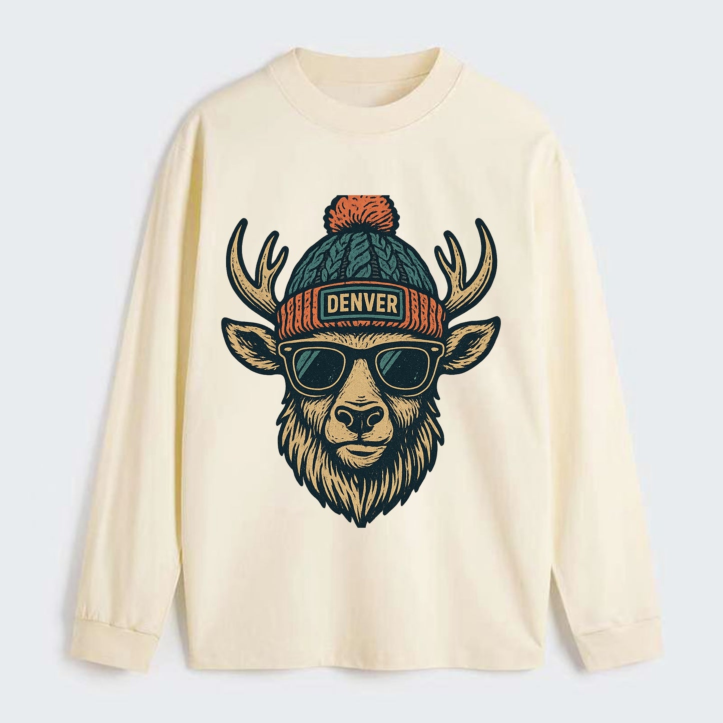 Denver Elk wearing Denver beanie with pom pom and wayfarer sunglasses - Classic Long Sleeve Shirt - Beige