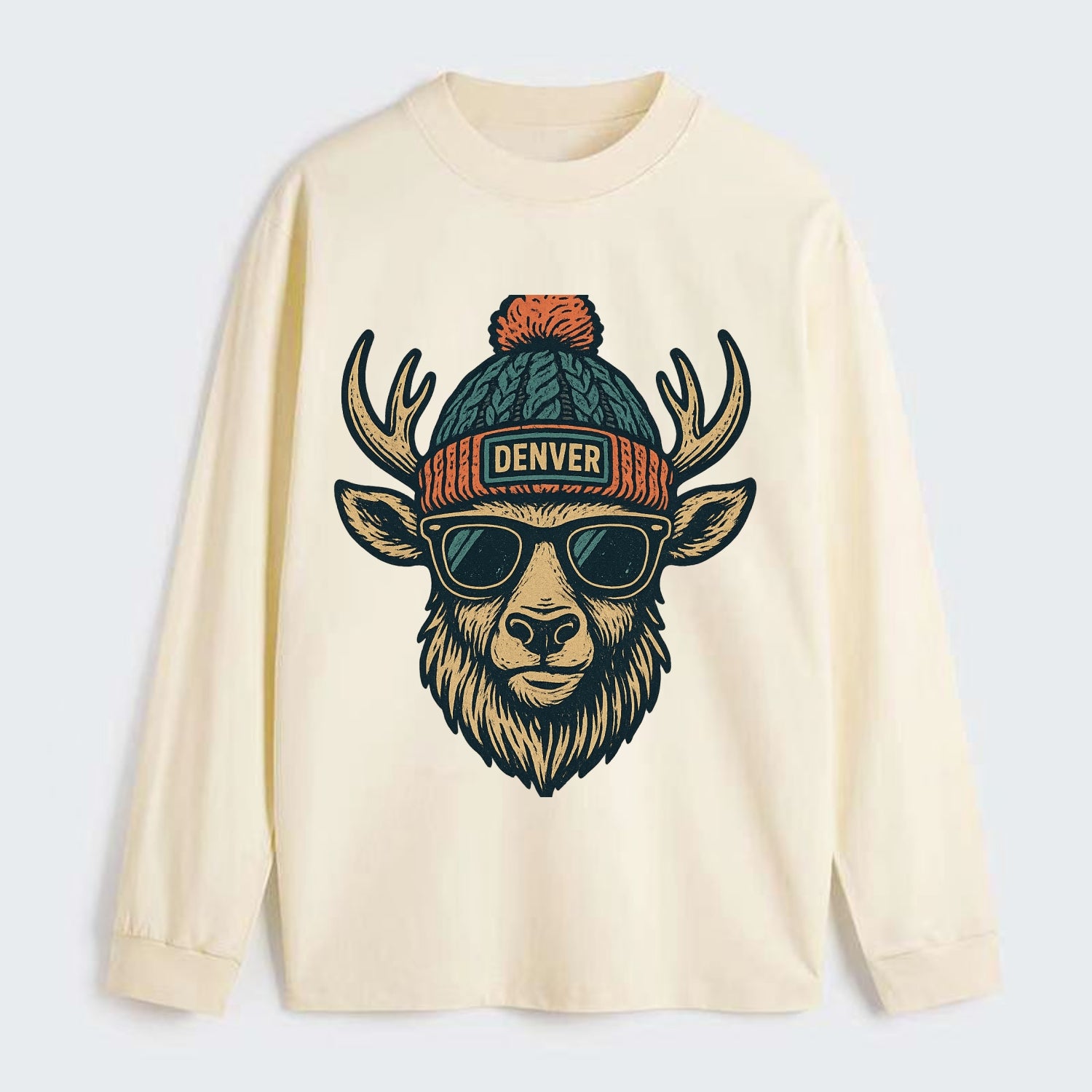 Denver Elk wearing Denver beanie with pom pom and wayfarer sunglasses - Classic Long Sleeve Shirt - Beige