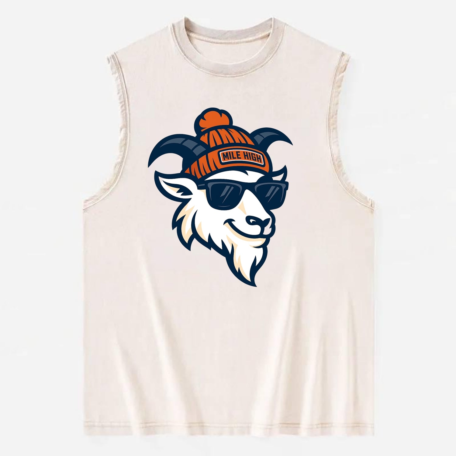 Denver Mountain Goat wearing Broncos beanie with Mile High patch and wayfarer - Vintage Washed Tank - Beige
