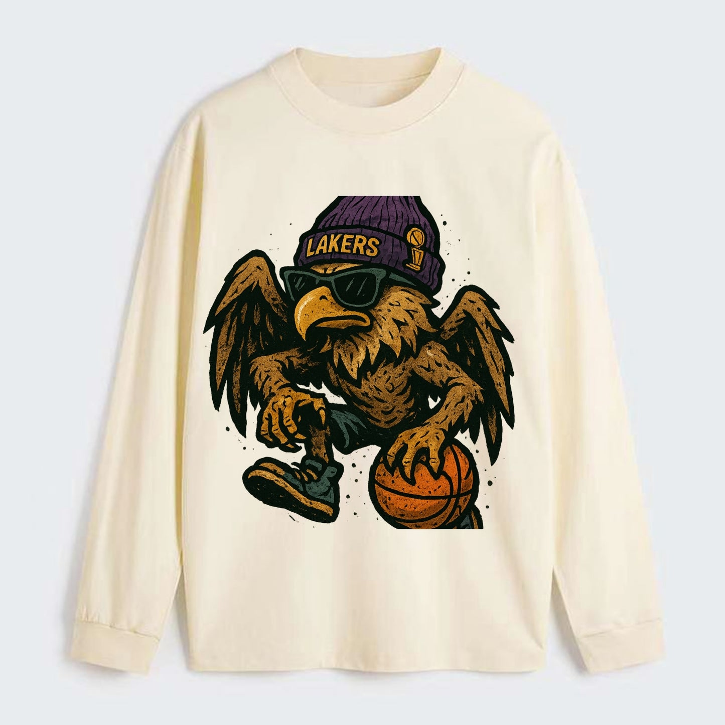Los Angeles Golden Eagle wearing Lakers beanie with trophy patch and - Classic Long Sleeve Shirt - Beige