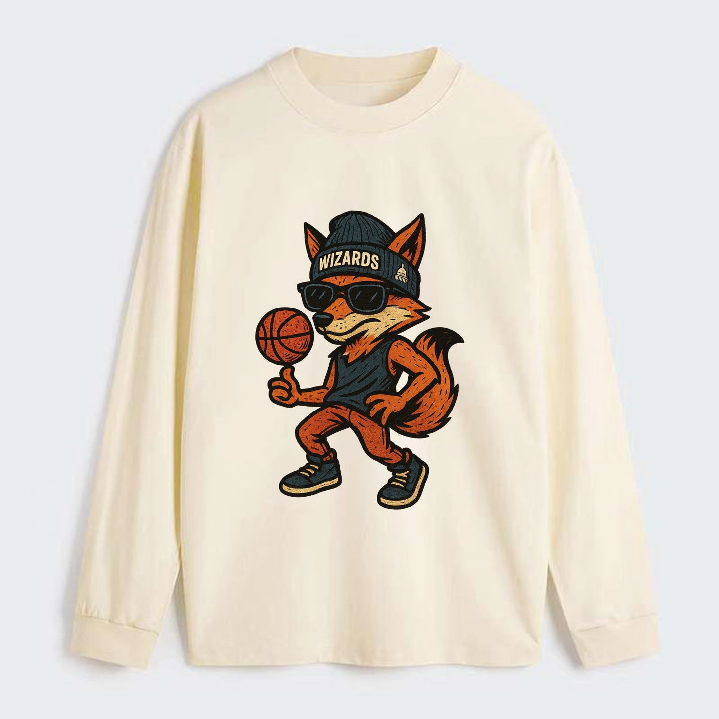 Washington Fox wearing Wizards beanie with capitol patch and wayfarer - Classic Long Sleeve Shirt - Beige