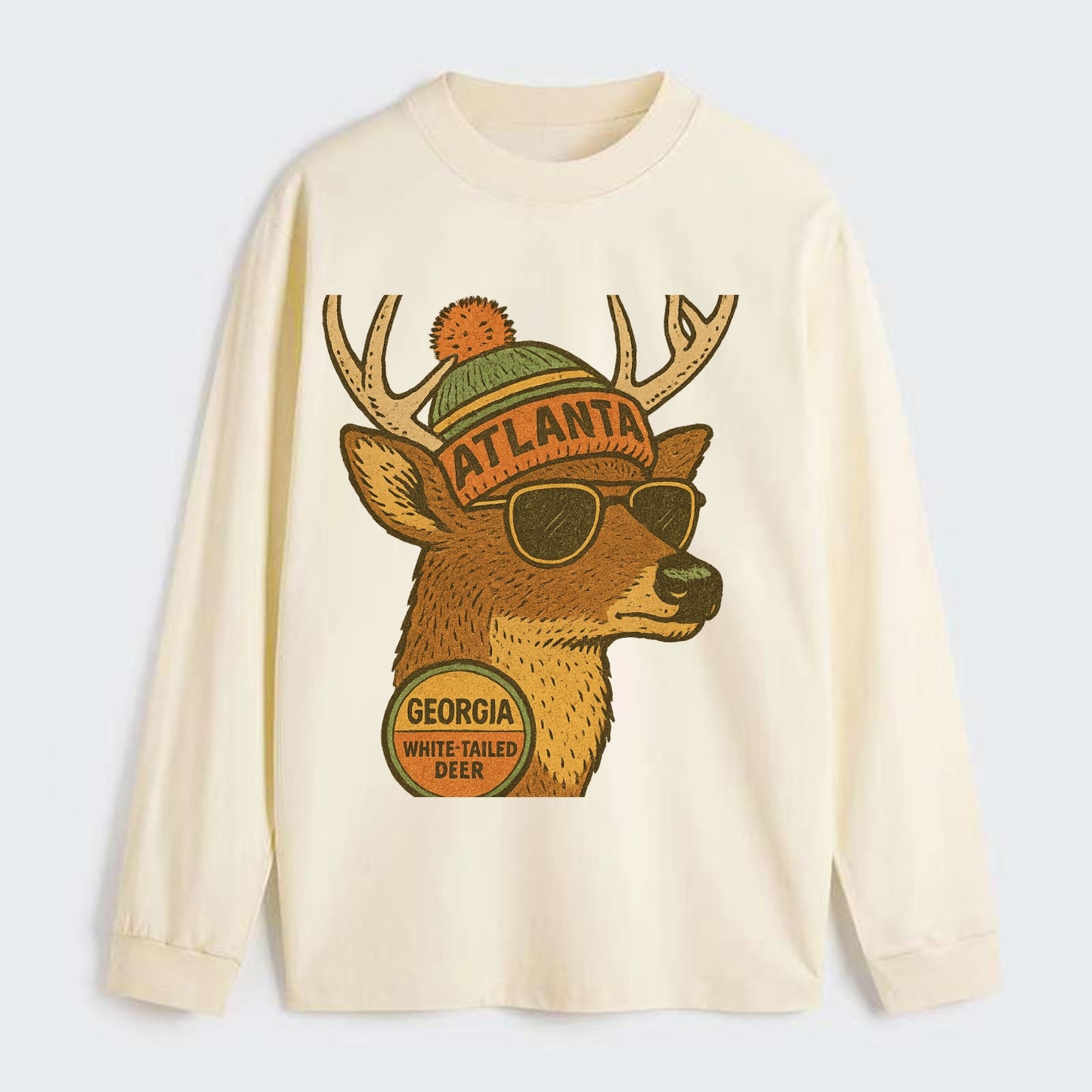 Georgia White-tailed Deer wearing Atlanta beanie with pom pom and - Classic Long Sleeve Shirt - Beige