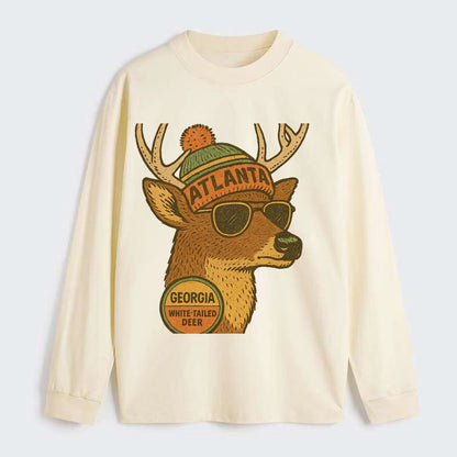 Georgia White-tailed Deer wearing Atlanta beanie with pom pom and - Classic Long Sleeve Shirt - Beige