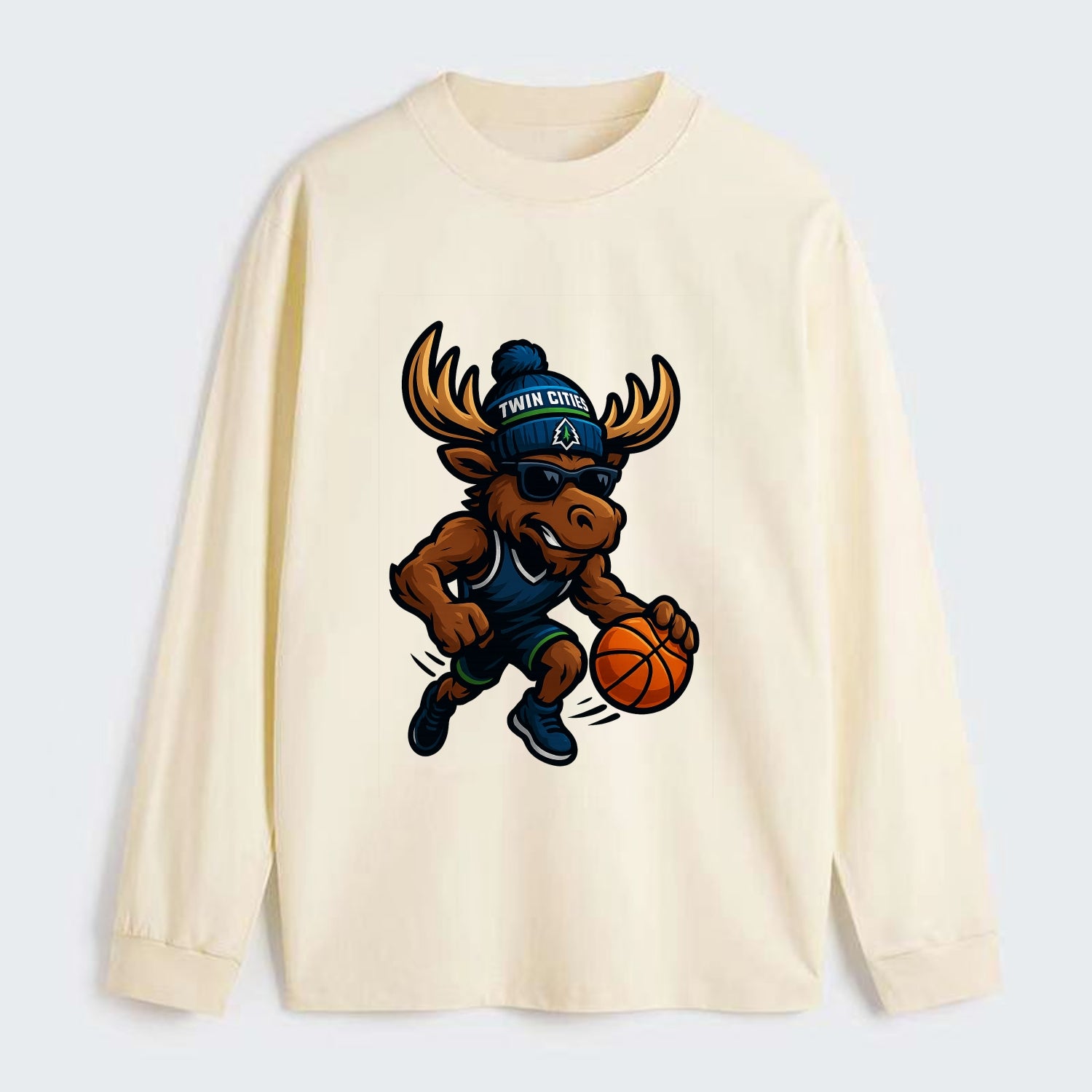 Twin Cities Moose wearing Timberwolves beanie with pine tree patch and - Classic Long Sleeve Shirt - Beige