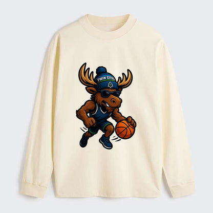 Twin Cities Moose wearing Timberwolves beanie with pine tree patch and - Classic Long Sleeve Shirt - Beige