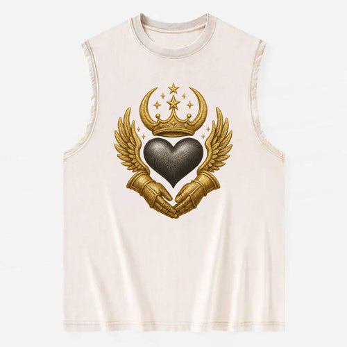 Nordic knotwork crown supporting a frosted steel heart with mittened hands - Vintage Washed Tank