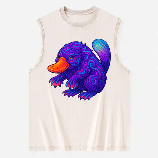 Quirky platypus with bill glowing in neon orange, beaver tail with - Vintage Washed Tank - Beige