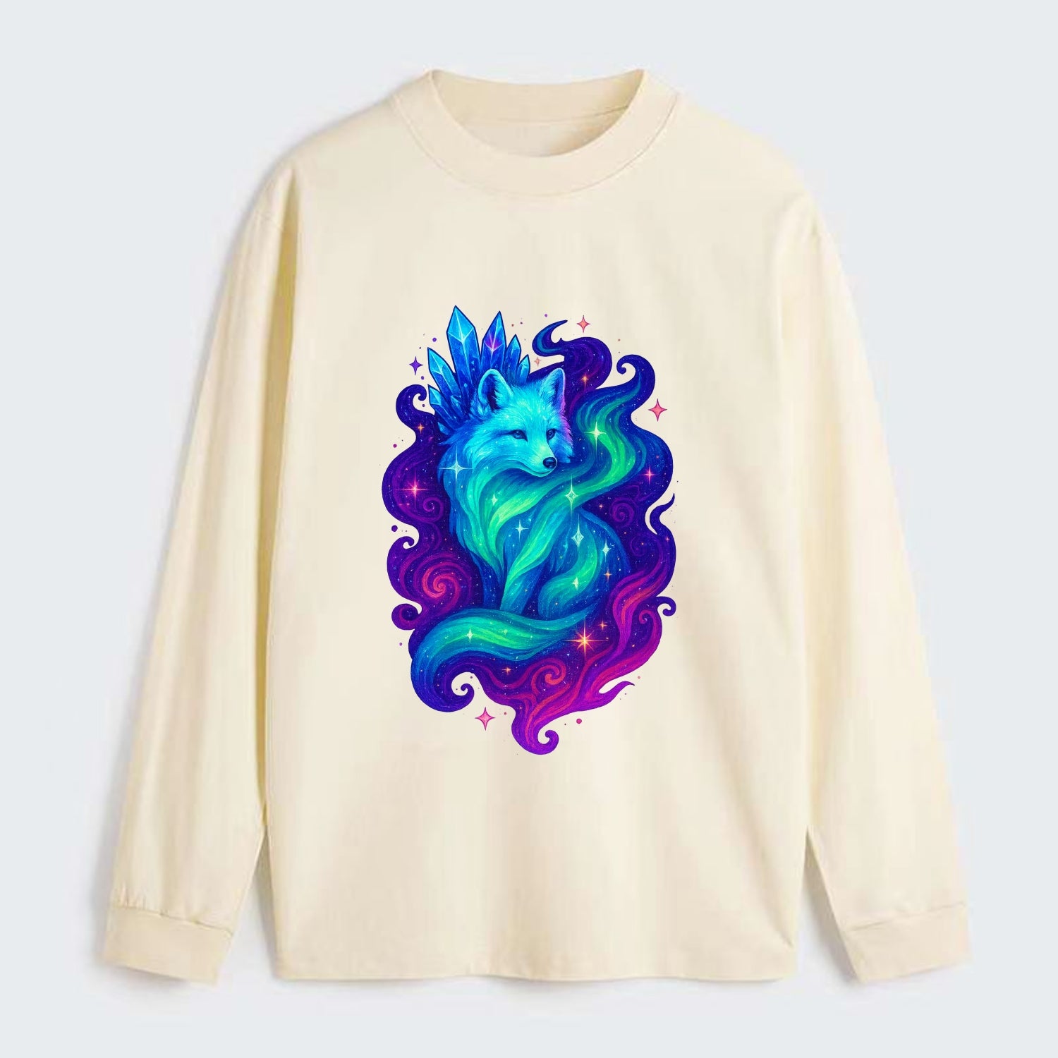 Ethereal arctic fox with fur that transforms into crystal formations, - Classic Long Sleeve Shirt - Beige