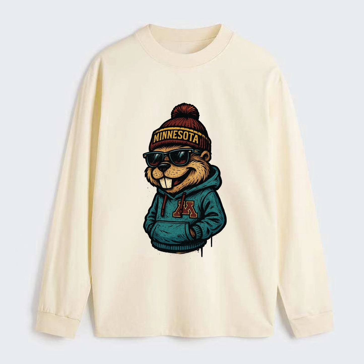 Minneapolis Gopher wearing Minnesota beanie with M patch - Classic Long Sleeve Shirt - Beige