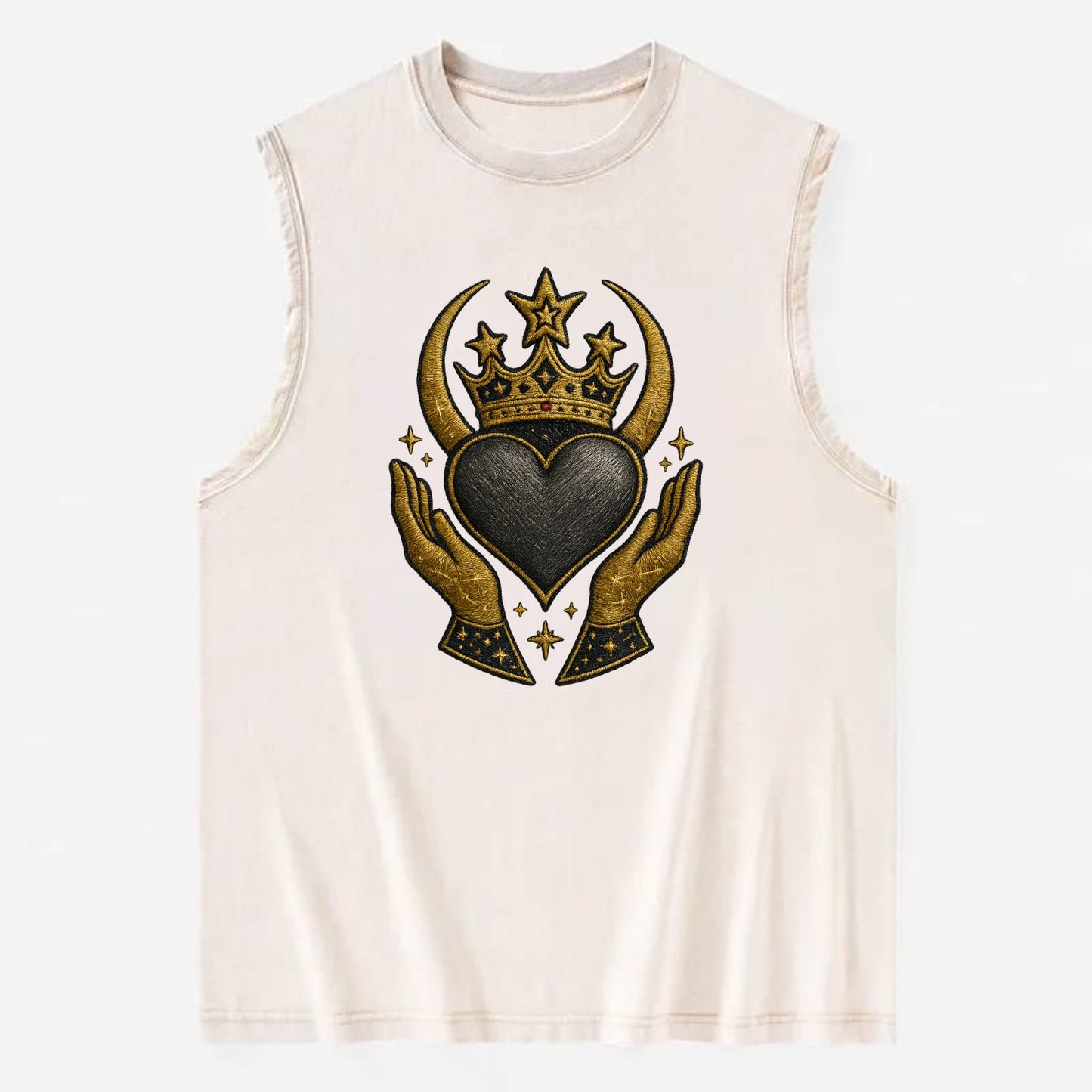 Celtic knot crown with woven strands merging into copper hands shielding a - Vintage Washed Tank - Beige