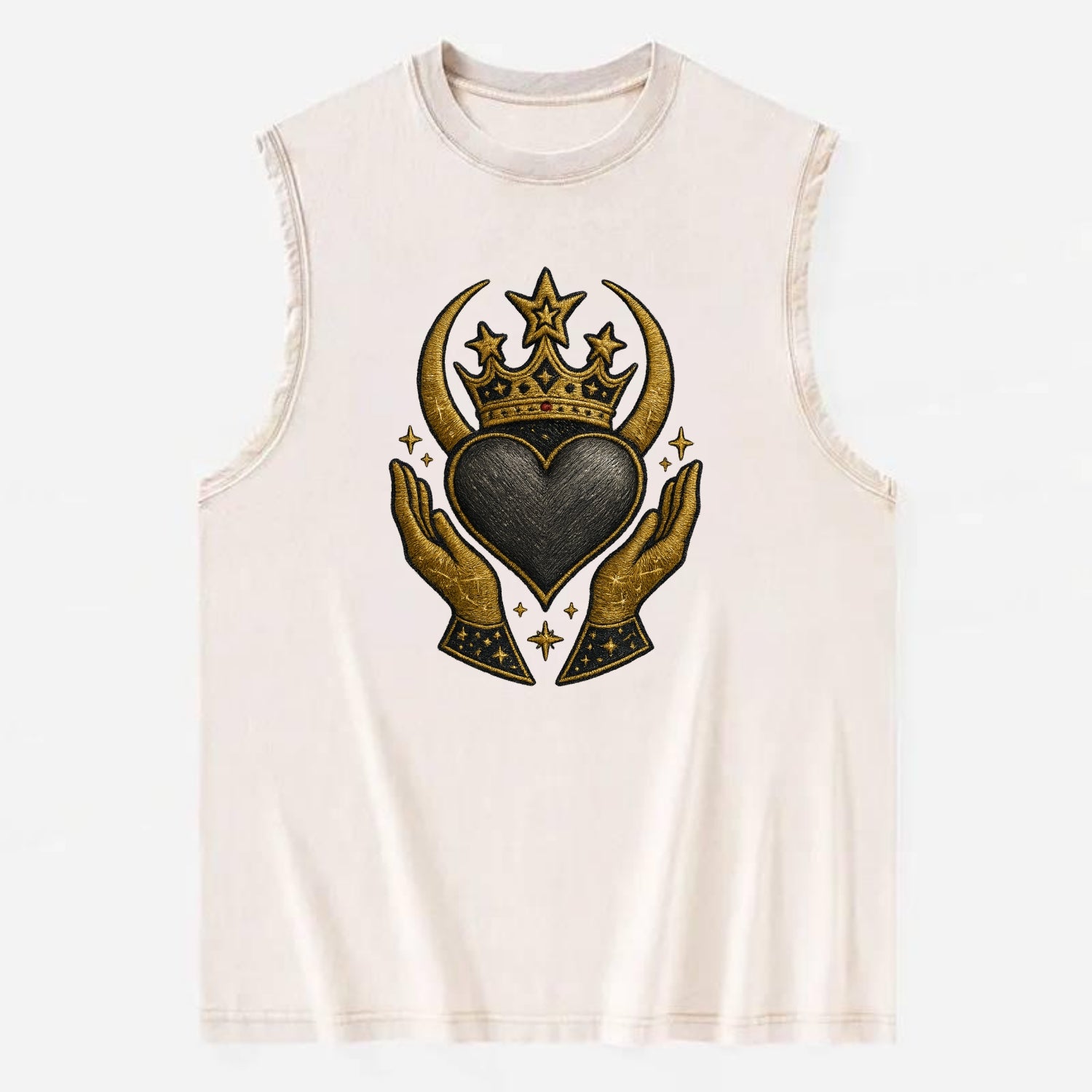 Celtic knot crown with woven strands merging into copper hands shielding a - Vintage Washed Tank - Beige