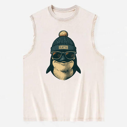 Washington Orca wearing Seattle beanie with pom pom and wayfarer sunglasses - Vintage Washed Tank - Beige