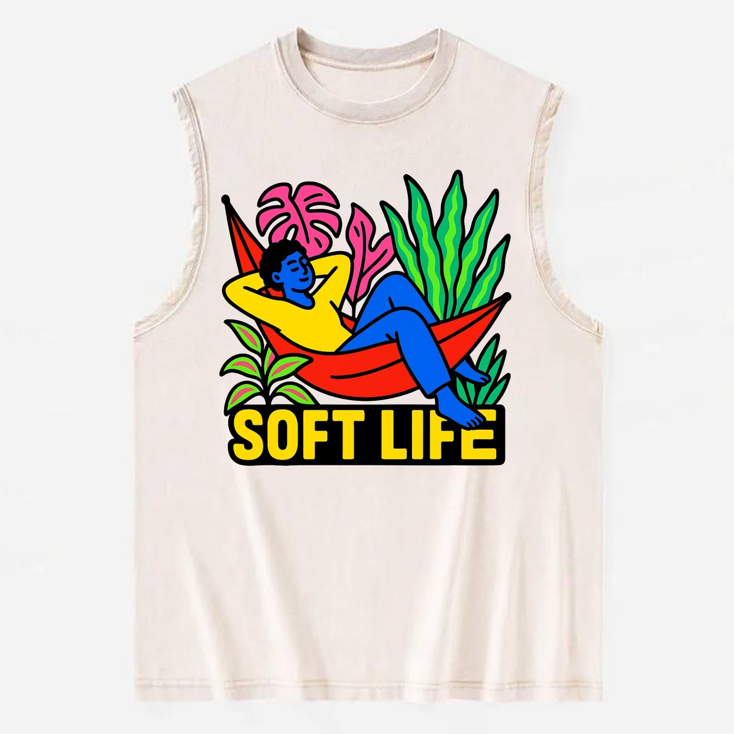 Person relaxing in hammock with plants - "soft life" aesthetic, peaceful - Vintage Washed Tank - Beige