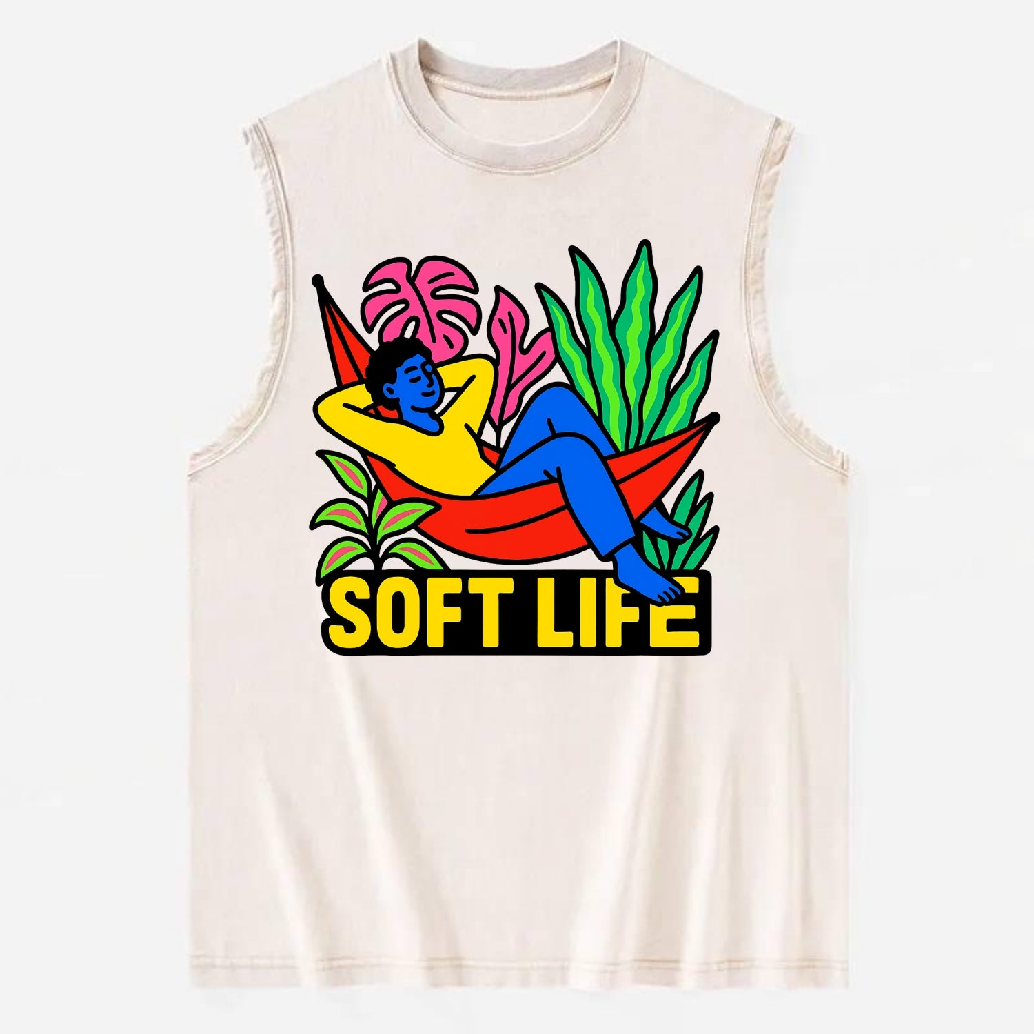 Person relaxing in hammock with plants - "soft life" aesthetic, peaceful - Vintage Washed Tank - Beige