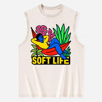Person relaxing in hammock with plants - "soft life" aesthetic, peaceful - Vintage Washed Tank - Beige