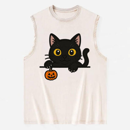 Midnight the black cat poking tongue out playfully while peeking. - Vintage Washed Tank - Beige