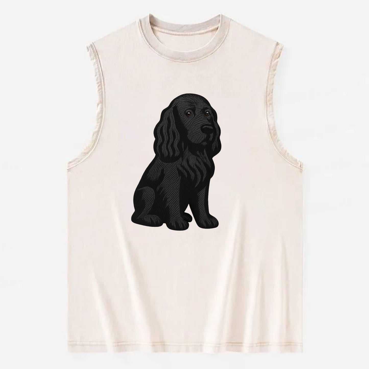 Field Spaniel - Black silky coat embroidered pose - Vintage Washed Tank - Beige
