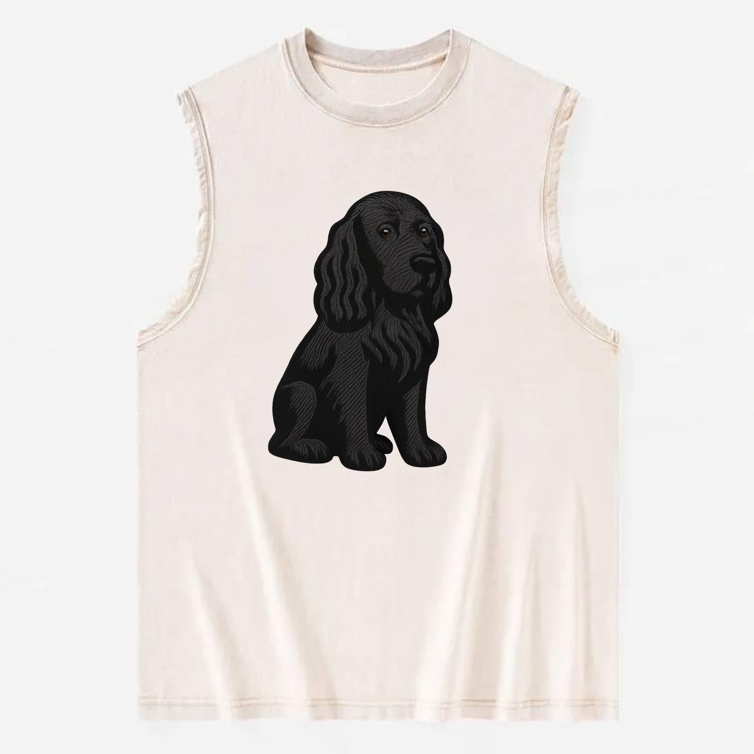 Field Spaniel - Black silky coat embroidered pose - Vintage Washed Tank - Beige