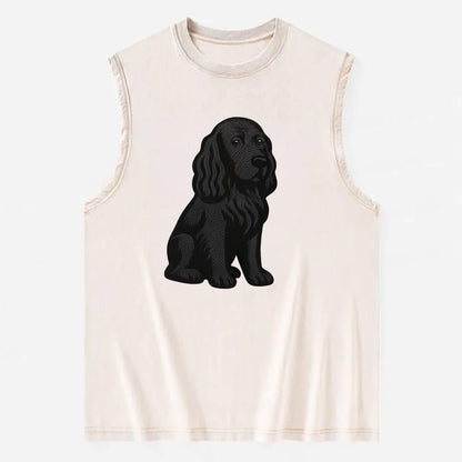 Field Spaniel - Black silky coat embroidered pose - Vintage Washed Tank - Beige