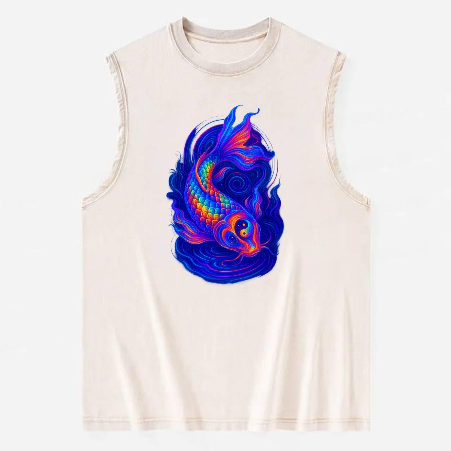 Sacred koi with scales reflecting rainbow prisms, yin-yang patterns in cosmic - Vintage Washed Tank - Beige
