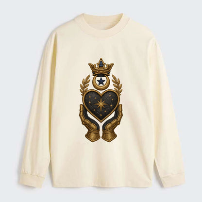 Crowned heart with Art Deco sunburst crown and geometric filigree hands - Classic Long Sleeve Shirt - Beige