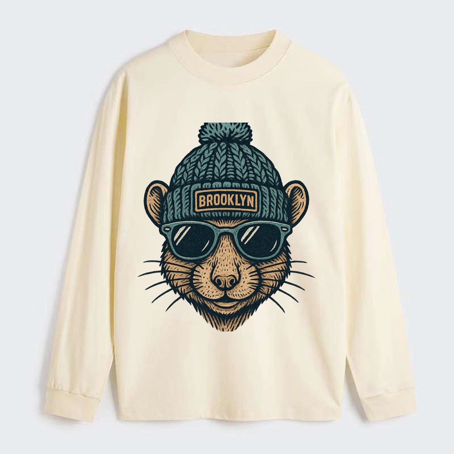 NYC Rat wearing Brooklyn beanie with pom pom and wayfarer sunglasses - Classic Long Sleeve Shirt - Beige