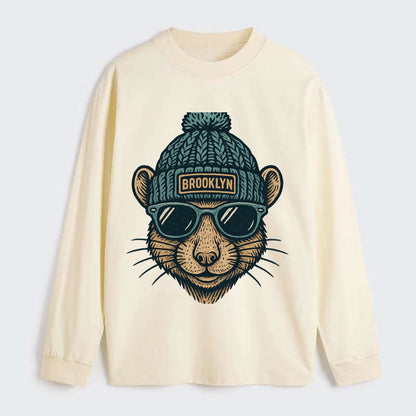 NYC Rat wearing Brooklyn beanie with pom pom and wayfarer sunglasses - Classic Long Sleeve Shirt - Beige
