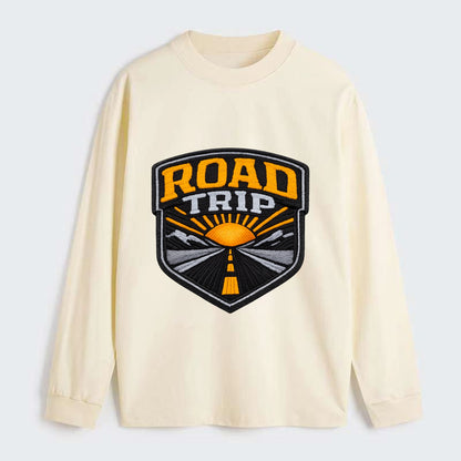 ROAD TRIP - highway and sun in orange and gray , open road - Classic Long Sleeve Shirt - Beige