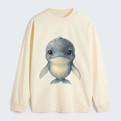 Baby Humpback Whale - dark gray with white flippers, large gentle eyes, - Classic Long Sleeve Shirt - Beige