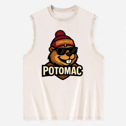 Potomac Beaver wearing Commanders beanie with monument patch and wayfarer - Vintage Washed Tank