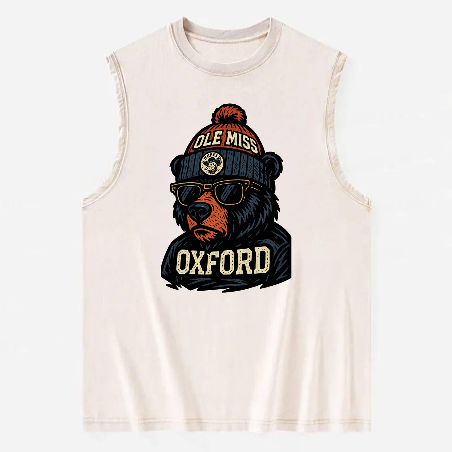 Oxford Black Bear wearing Ole Miss beanie with rebel patch - Vintage Washed Tank - Beige