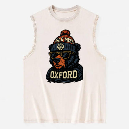 Oxford Black Bear wearing Ole Miss beanie with rebel patch - Vintage Washed Tank - Beige